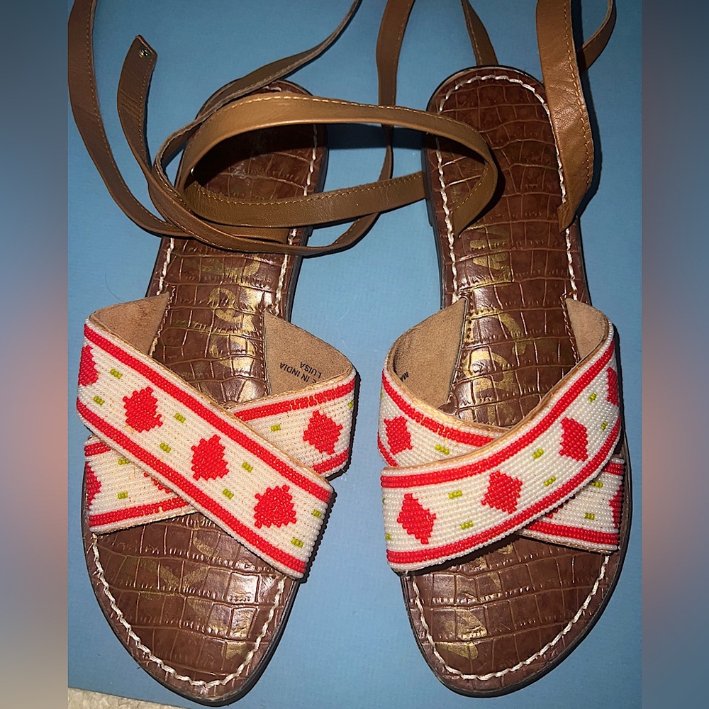 Sam Edelman Woman's Brown Slip On Flat Sandals Coral Multi-Beaded native  8M 8.5